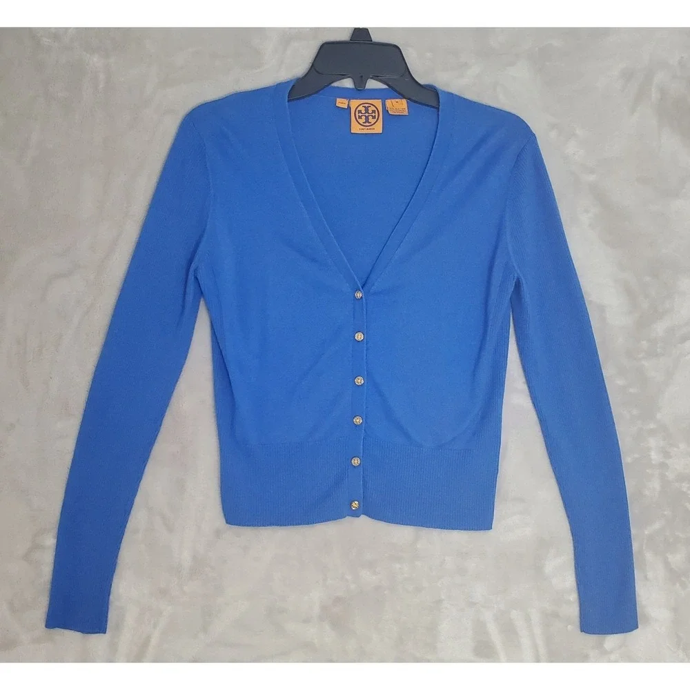 Tory Burch Sweater Womens M Blue Silk Cashmere V Neck Button Up Cropped Cardigan
